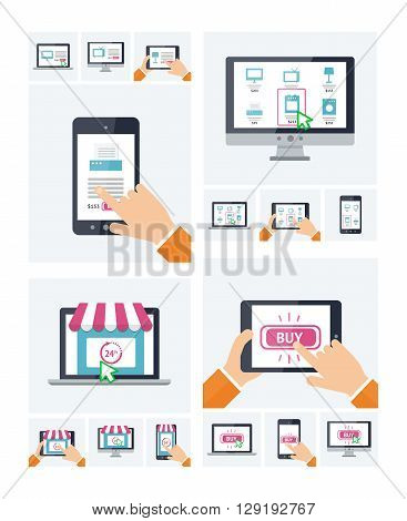 Flat design online shop website symbol on various devices, purchasing via internet, on-line shopping infographic template, e-commerce paying nfc. Online store, button, products
