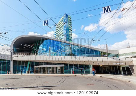 Arnhem Netherlands - April 19 2016: Arnhem Centraal railw station with unidentified people. After reconstruction it was reopened 2015. The new design was by UNStudio that won an architecture price
