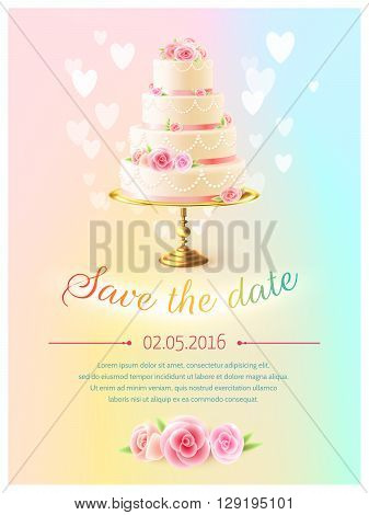 Wedding announcement invitation card with event date and classical tiered cake and heart symbols realistic vector illustration