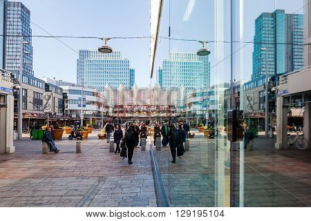 Almere Netherlands - April 19 2016: city center of Almere with unidentified people. Almere is a fast growing planned city. With a population of about 200000 it is the 7th largest Dutch city