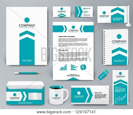 Professional universal branding design kit with blue arrow on white for real estate/investment. Corporate identity template. Business stationery mockup. Editable vector illustration: folder, mug, etc.