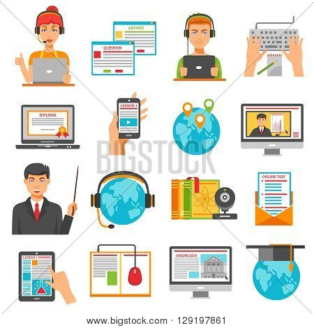 Online education decorative icon set of students with headphones at notebook pad and phone in human hands monitor with mentor lesson isolated vector illustration