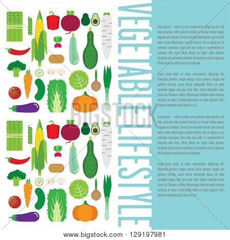 Illustration with vegetables. There cabbage pumpkin cucumber tomato peppers zucchini mushrooms.