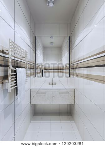 Fusion bathroom trend. A large mirror expands space. Tiling floor and walls sink console of marble. 3D render