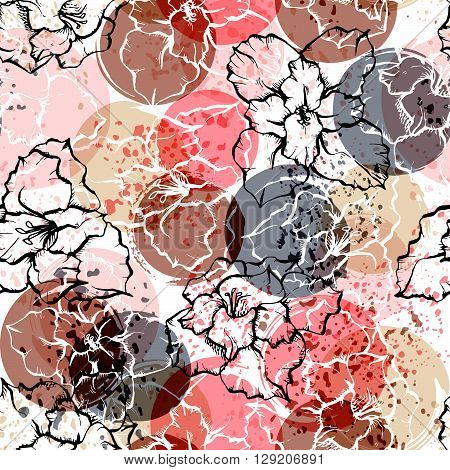 Seamless Modern Floral Pattern With Gladioli, Spots, Blots And Splashes Of Paint