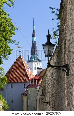 spike of St Olaf (Oleviste) Church and fortification tower. Tallinn Estonia