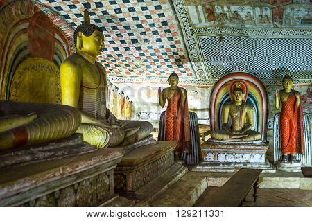 Danbulla Sri Lanka - December 5 2012: Buddah statues in the inside of the Rock Temple