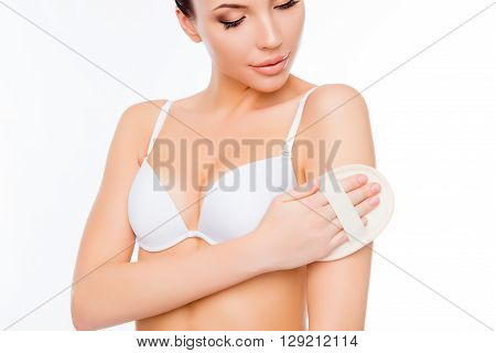 Portrait Of Young Woman In White Bra Going Scrub Massage