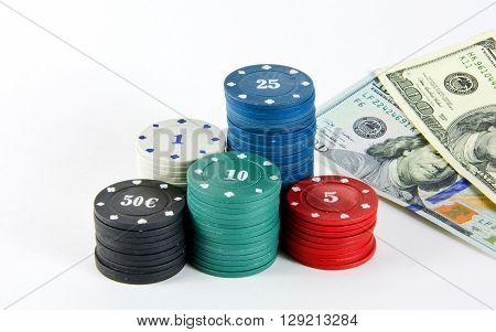 The chips of different values for casino games and $ 100 banknotes