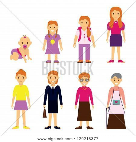 Users generation at different ages. Woman, aging - baby, child, teenager, young, adult, elderly, isolated on white background - vector illustration.