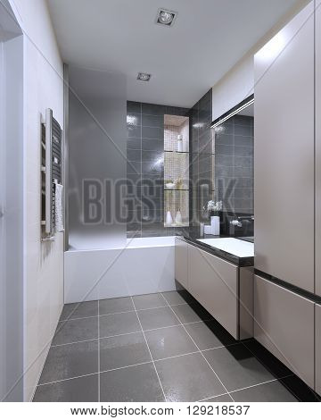 Modern bathroom design. Matt furniture shower combined with a bath. Mixed wet asphalt and beige tile on walls and floor. 3D render