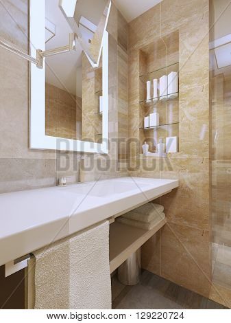Luxury bathroom interior. Sink console with white ceramic countertop niche mirror with frame light. 3D render