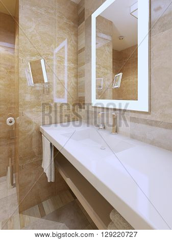 Bright bathroom trend. Amber color tile snowy-white countertop of sink console mirrors with frame light. 3D render