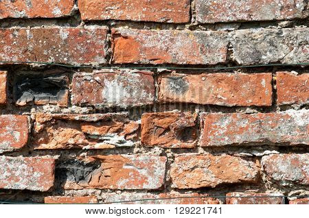 Exterior brick wall in sunlilght with damage to tfhe brickwork