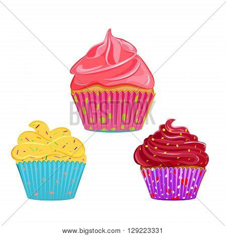 Set of vector cupcakes muffins with different toppings and cases. Cream topping with sprinkles cupcake collection isolated on white background. Great as web icons design elements or labels