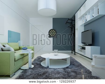 Design of contemporary teenagers louge. Interior room with white furniture and bright green sofa. The walls are white and dark blue. 3D render
