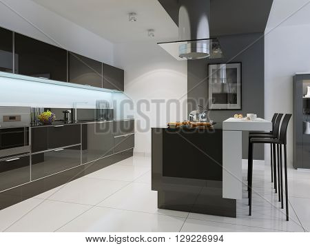 Idea of kitchen techno style with island bar. Black furniture white walls and flooring. Modern bar white with contrasting black chairs. 3D render