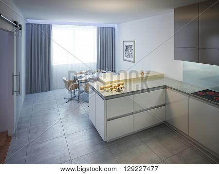 Modern kitchen design. Interior of modern kitchen with white walls and tiled flooring with cream colored slab kitchen bar. Work surface made of a gray marble. 3D render