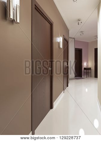 Entrance hall contemporary style. Narrow corridor with white polished concrete floor and brown walls. Doors brown colored. 3D render