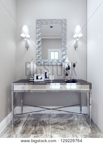Design of classic hall. Mirror with decorative frame wall console marble floor tiles. White and beige walls. 3D render