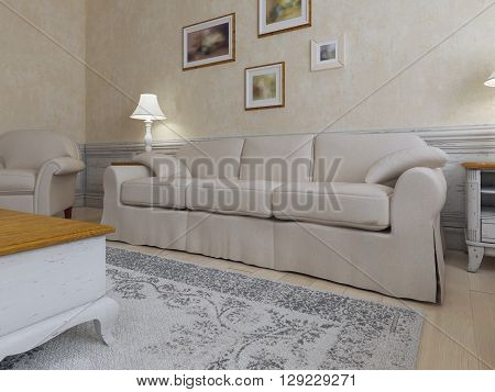 Shabby-chic interior of living. Ecru interior concept with cream furniture and frames on a wall. 3D render