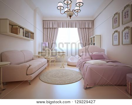Teenagers bedroom with sofa and bed. Light pink colors spacy room with large window and elegant curtains. 3D render