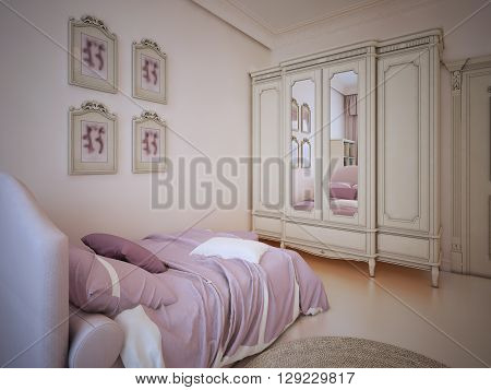 Luxury child bedroom trend in cream color. 3D render