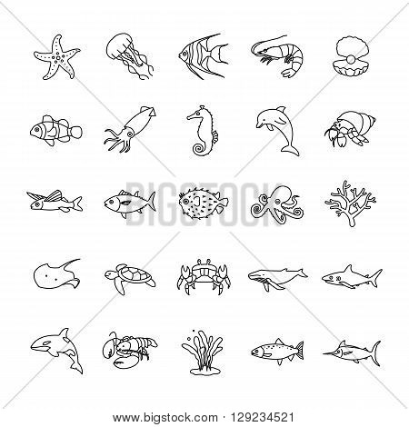 Marine life of animals and etc outlines vector  icons