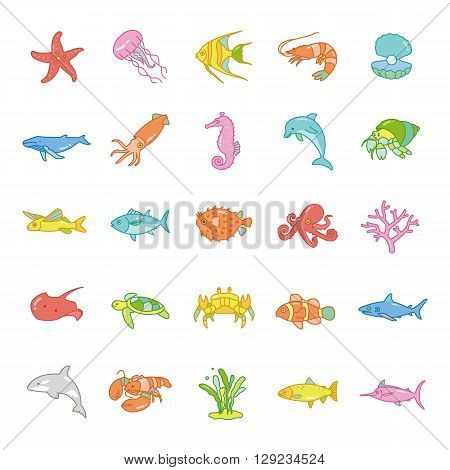 Marine life of animals and etc color vector  icons
