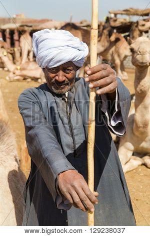 DARAW, EGYPT - FEBRUARY 6, 2016: Portrait of elderly camel salesman with stick at Camel market.