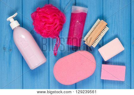 Cosmetics and accessories for personal hygiene in bathroom soap body scrub sponge bath puff brush pumice concept of body care