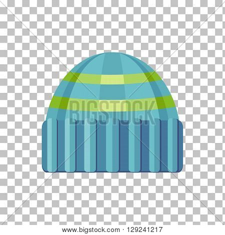 Winter green wool hat icon. Knitted winter woolen cap isolated on checkered background. Flat icon winter snowboard hat cap. Vector illustration