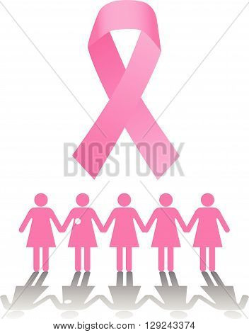 Breast Cancer Rally. Line of pink woman signs and a pink ribbon.