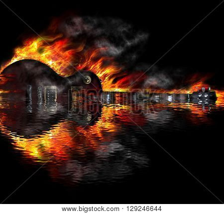 Burning guitar in the water reflection in red
