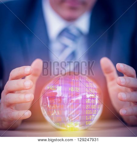 Stocks and shares against businessman forecasting a crystal ball