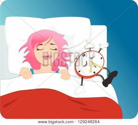 Alarm clock falling asleep next to a cute girl