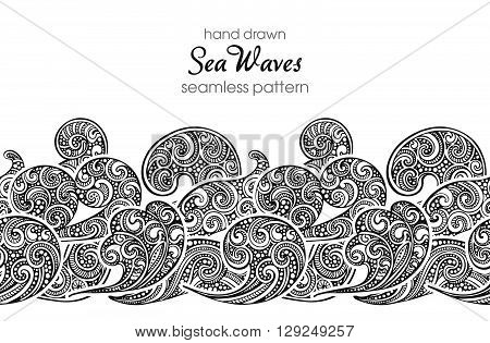 Seamless Border Pattern With Hand Drawn Doodle Sea Waves.