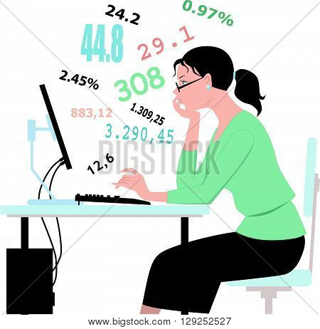 Doing taxes, crunching numbers on a white background