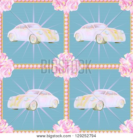 Hand drawn watercolor seamless pattern. Car and flower. Wedding seamless pattern. Woman seamless pattern. Decorative seamless pattern. Watercolor elements