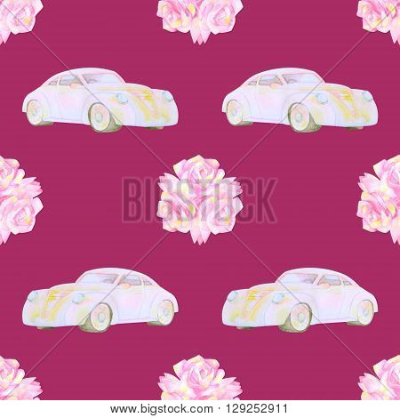 Hand drawn watercolor seamless pattern. Car and flower. Wedding seamless pattern. Woman seamless pattern. Decorative seamless pattern. Watercolor elements