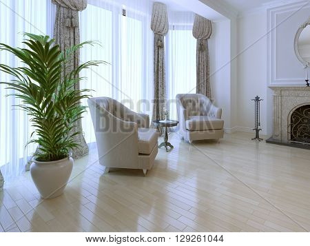 Relax place near panoramic floor-to-ceiling window with fireplace. Luxury furniture in white color. Bright room with dayligt. 3D render