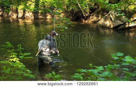 Fly Fisherman Fishing Trouts In  River