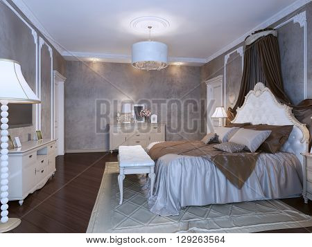 Bedchamber classic style in dark brown and medium taupe colors. Cream and white furniture. 3D render