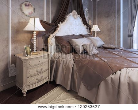 Expensive bed at neoclassic bedroom. Pillows on bed in luxury mahogany bedroom. Bedside table with lamp and frame. 3D render