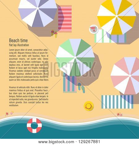 Summertime flat lay background.Beach, sea, sun umbrellas and other details. It can be used in advertising, web design, graphic design for the layout. Vector illustration.