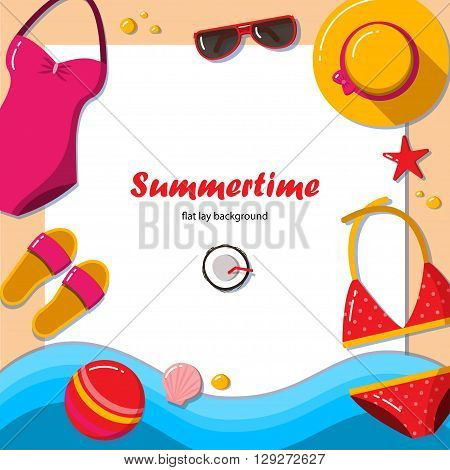 Summertime flat lay background. Summer vacation on the beach. It can be used in advertising, web design, graphic design for the layout.