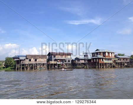 INLE LAKE MYANMAR - MAY 26 : Stilted houses in village on Inle lake Myanmar on May 26 2014