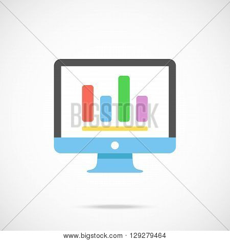 Vector computer screen and chart icon. Flat computer screen and graph icon. Flat design vector illustration for web banners, web, mobile apps, infographics. Vector icon isolated on gradient background