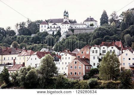 Sanctuary Mariahilf on the hill in Passau Germany. Cultural heritage. Religious architecture. Old houses. Architectural theme. Old town.