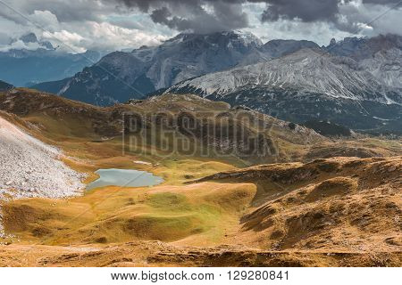 Scenic view of Italian Dolomites on sunny autumn day